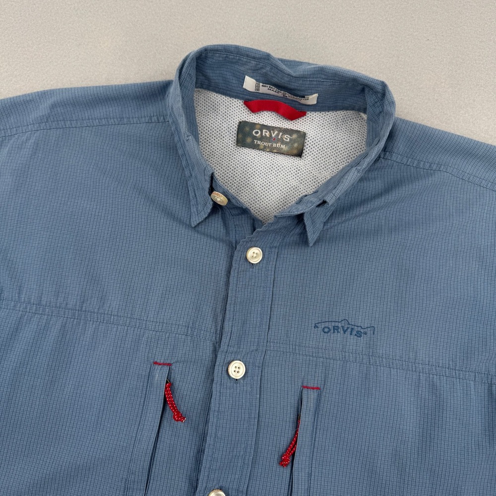 Orvis Trout Bum Mens Blue Micro Check Fishing Shirt Short Sleeve Size M Utility